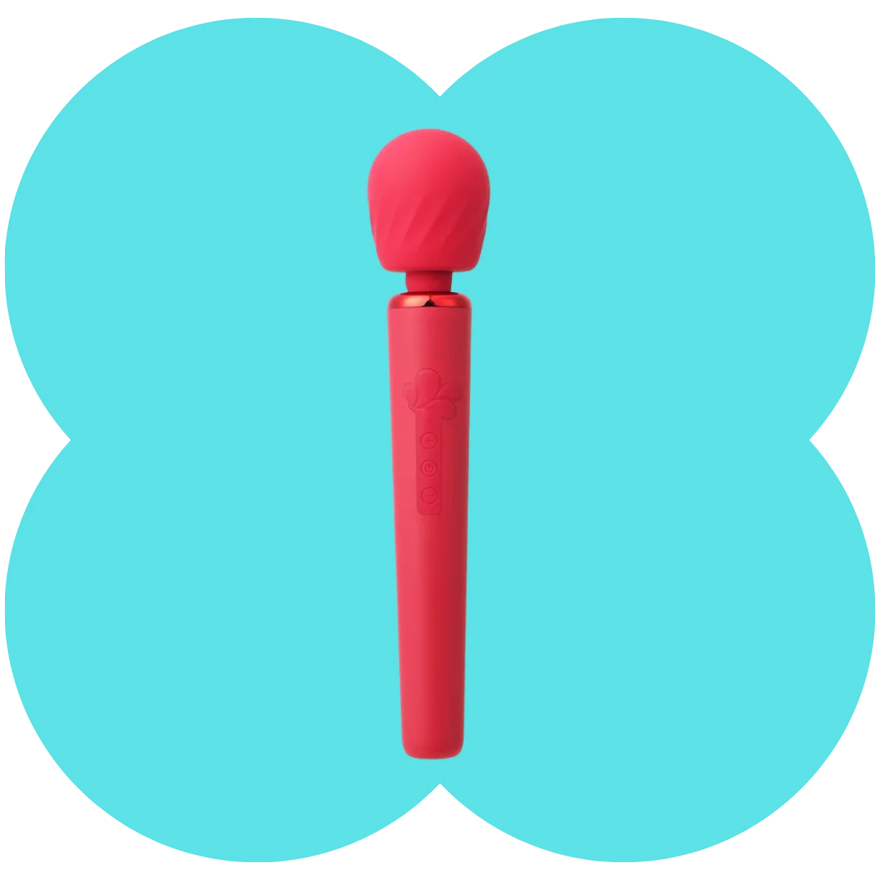 A red handheld wand-style personal massager with a rounded head and a slim handle, centered on a turquoise four-lobed shape against a white background.