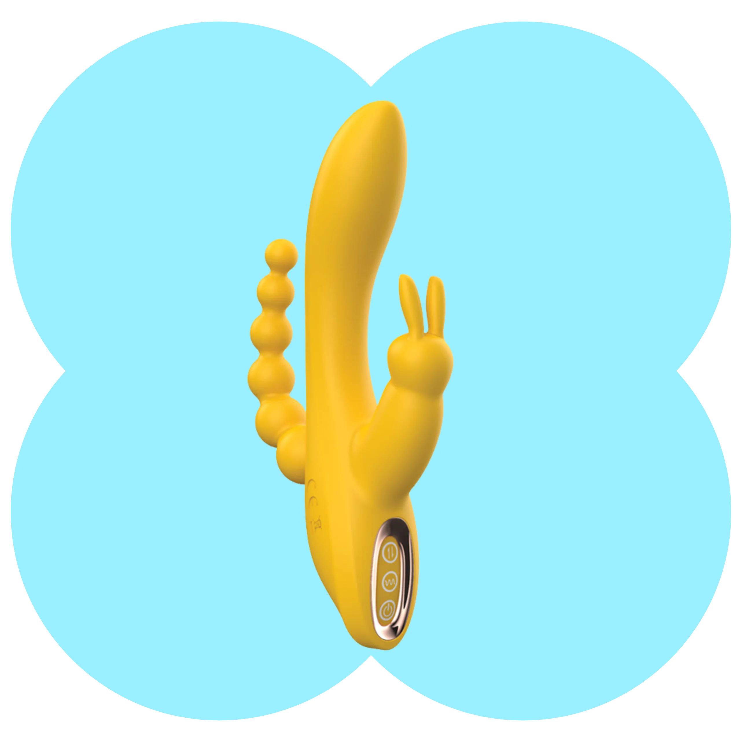 A yellow silicone rabbit-shaped vibrator with a curved main shaft, a beaded side arm, and a power button panel, shown against a light blue four-petal background shape on a white background.